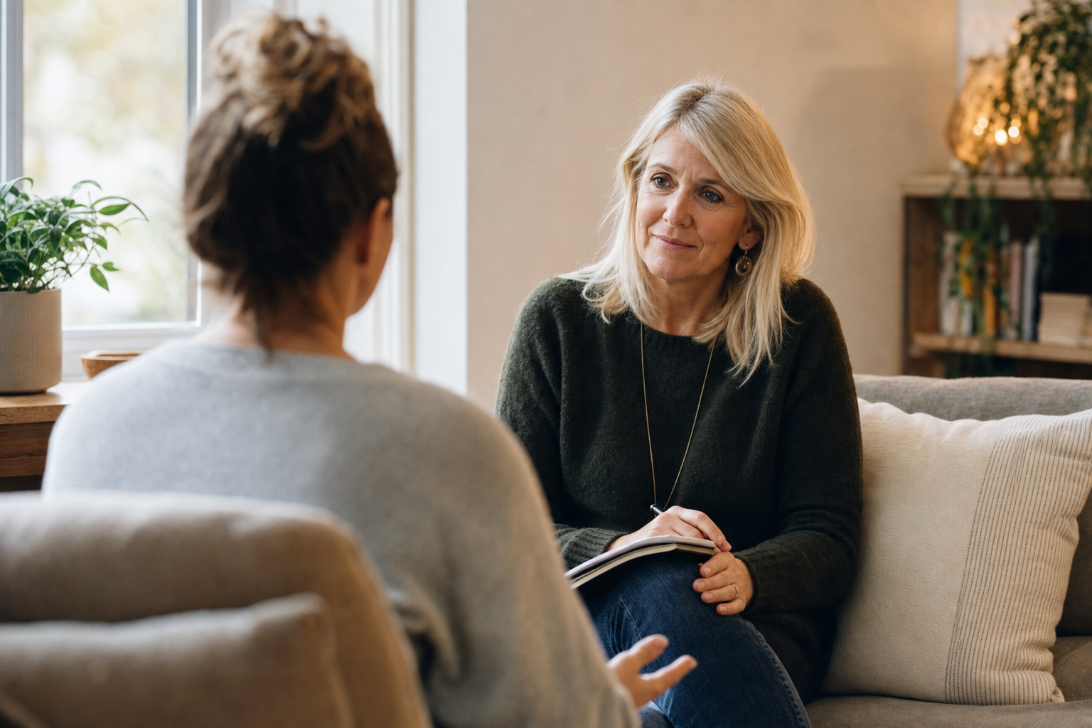 Compassionate grief coaching conversation in a calm setting