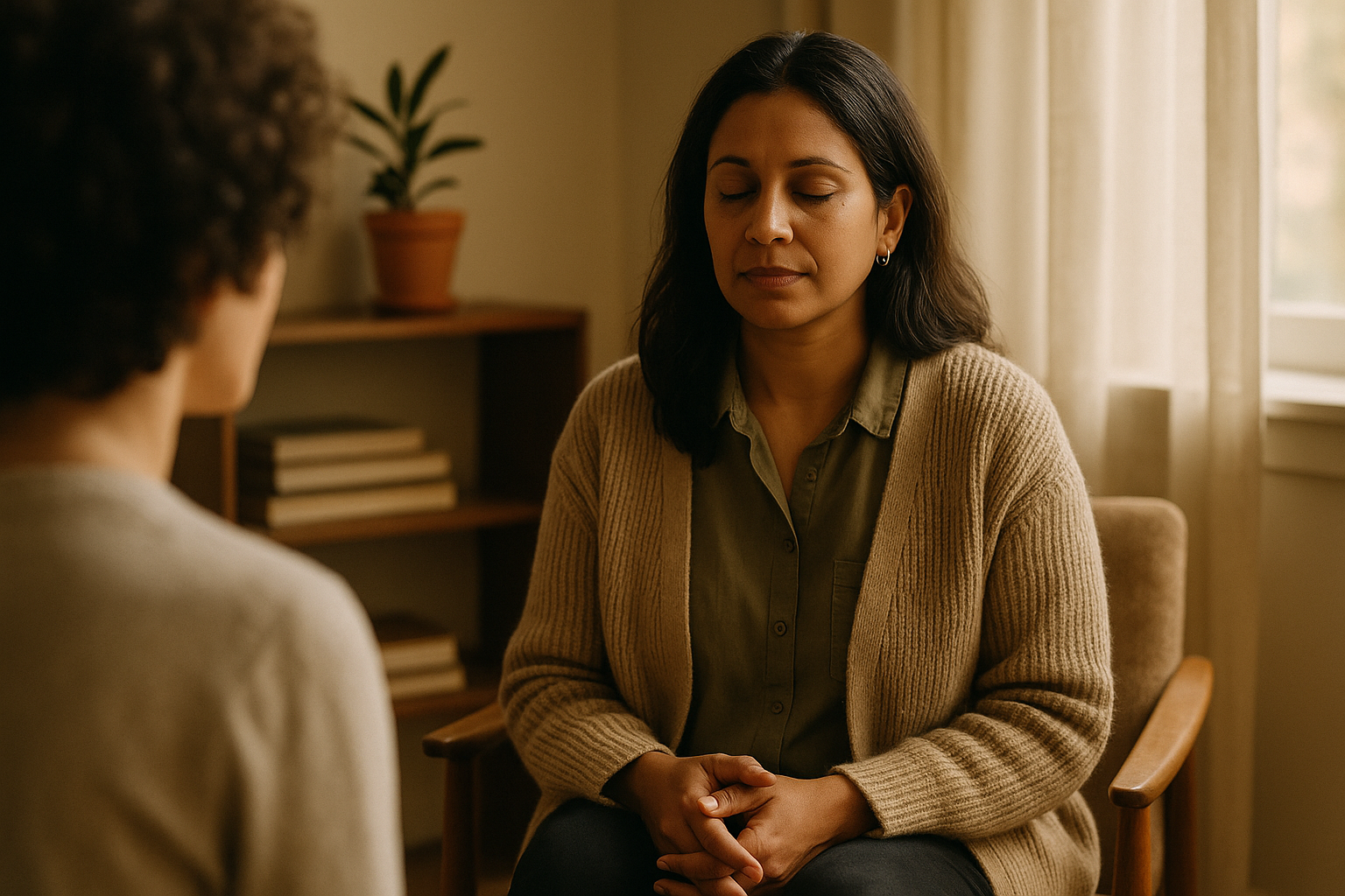 A mindfulness coach listening attentively in a one-to-one session