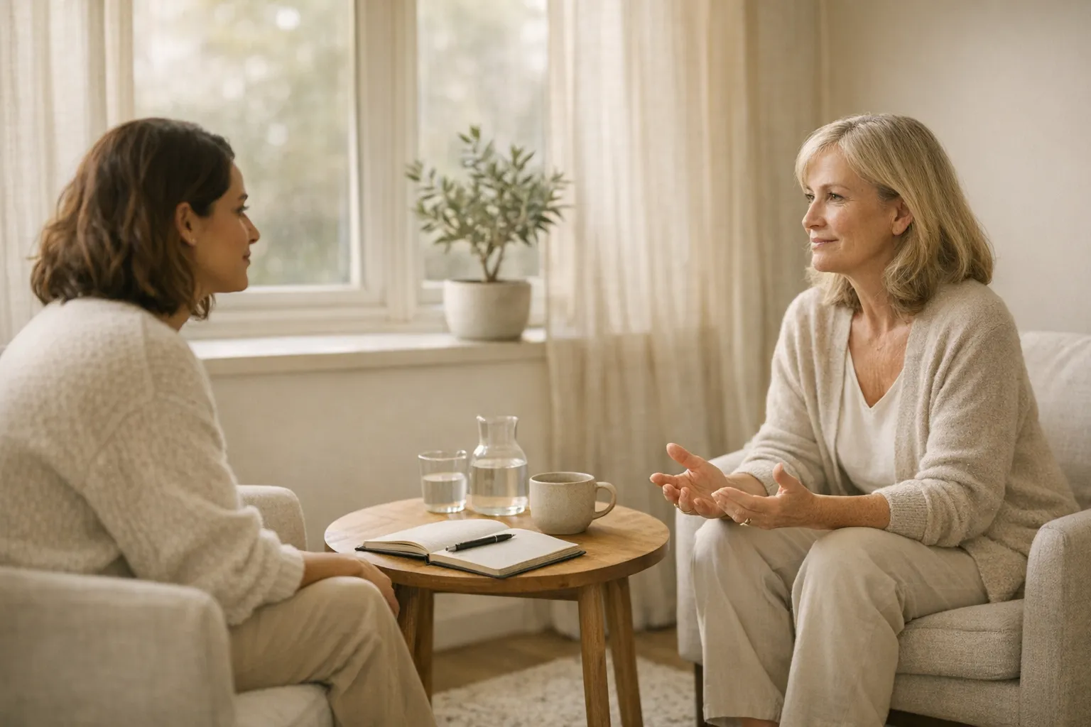 Reflective spiritual coaching session in a calm environment