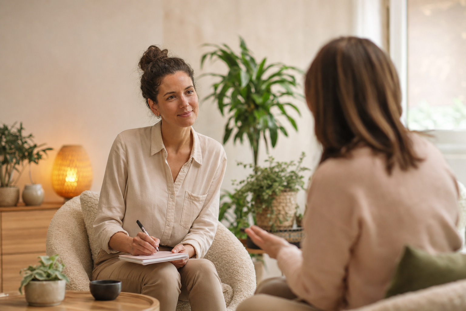 A wellbeing coach listening during a coaching session